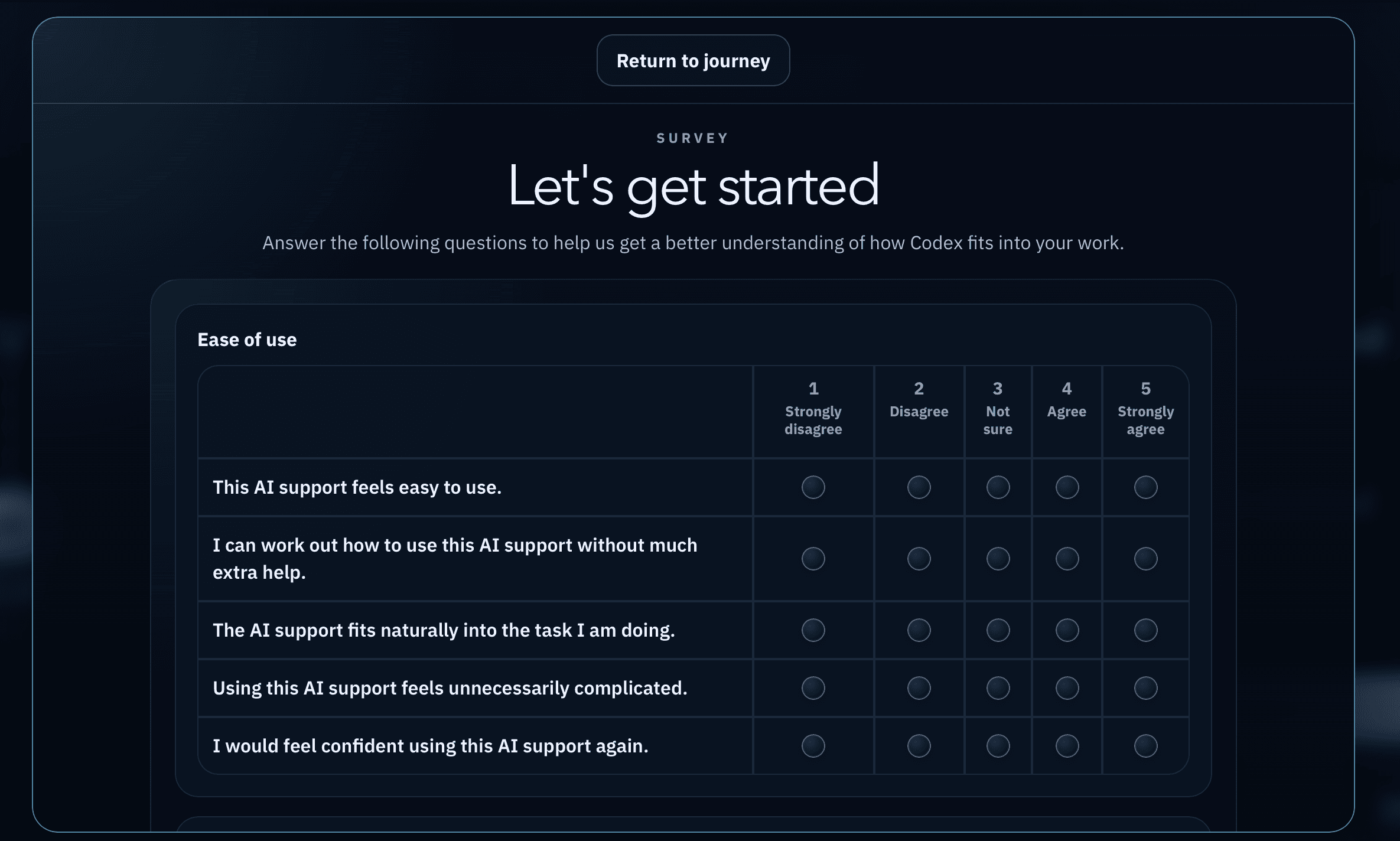 AIMaxx participant survey showing an ease-of-use measure with five response options.