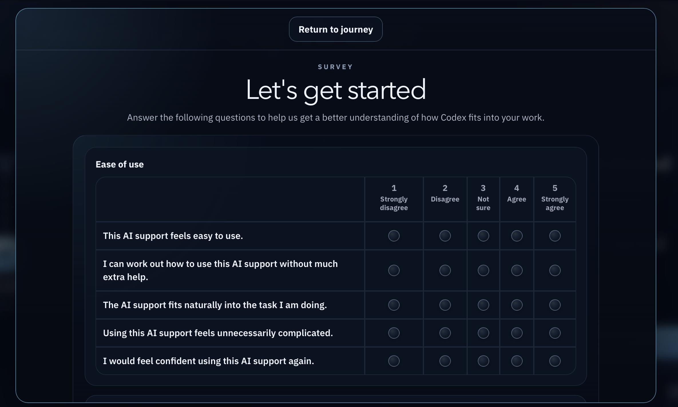 AIMaxx participant survey showing an ease-of-use measure with five response options.