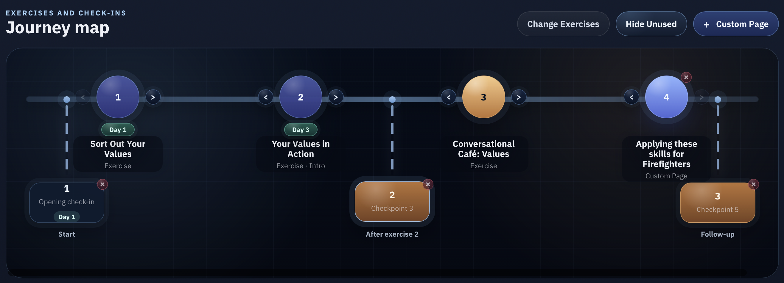 Builder journey map showing sequenced exercises, check-ins, checkpoints, and a custom page arranged across a behaviour change programme.